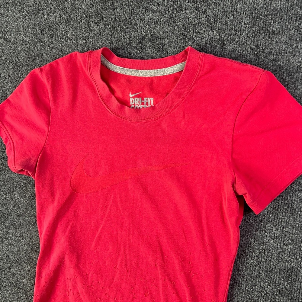 Nike Dri Fit Cotton Tee Shirt Womens XS Pink Burnout Swoosh Logo Gym Training